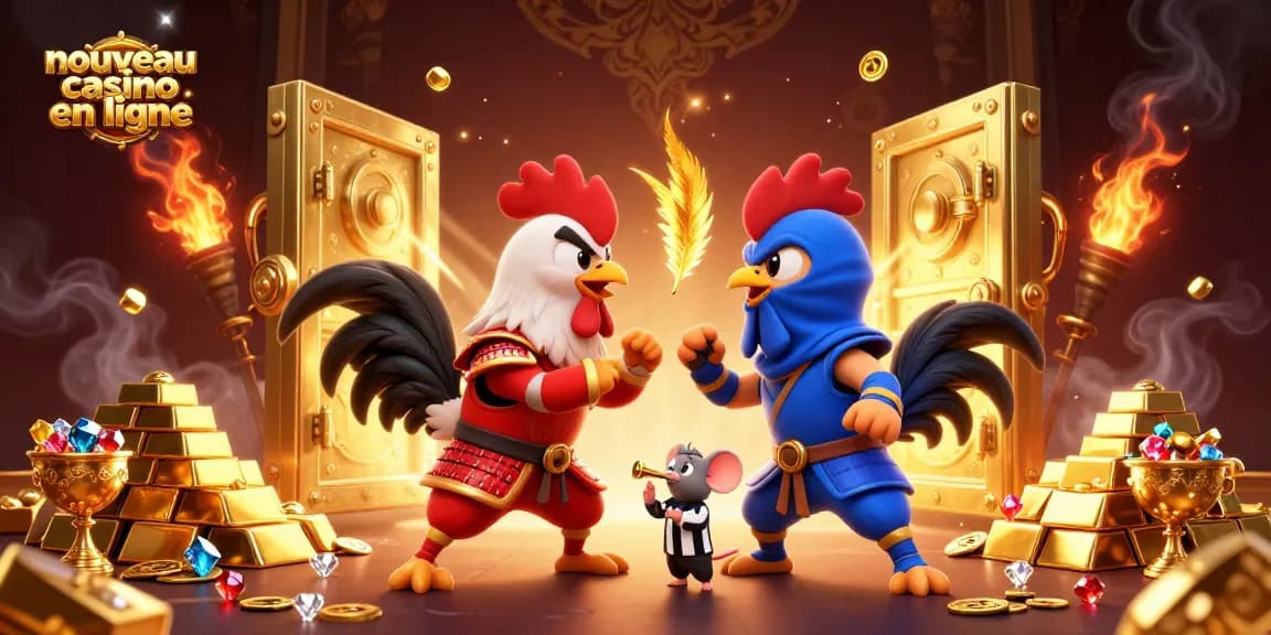 Combattez dans un nouveau casino en ligne avec des coqs en combat et un décor doré spectaculaire.