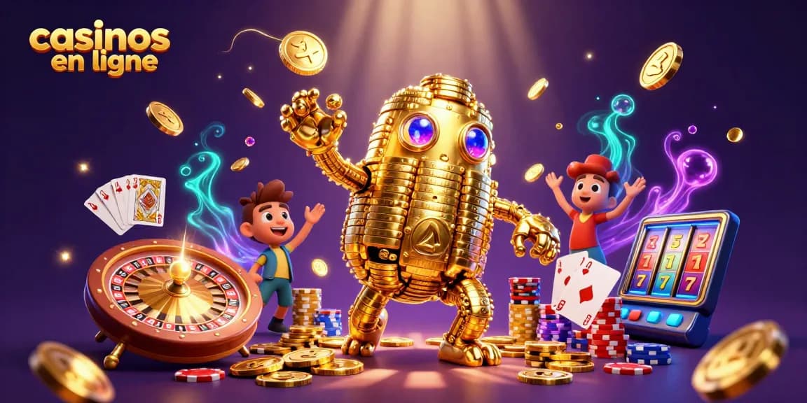 Illustration dynamique de casinos en ligne avec un golem d'or et des symboles de machines à sous.
