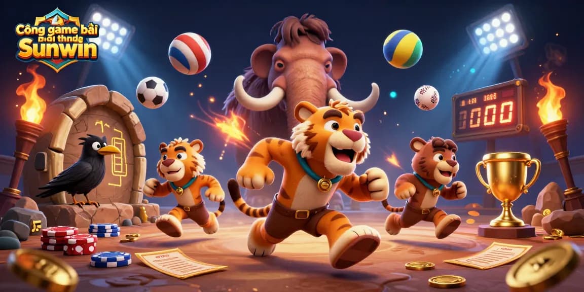 Cổng game bài đổi thưởng Sunwin showcases an extravagant prehistoric casino scene with cartoon characters, sports elements, and dynamic visuals.