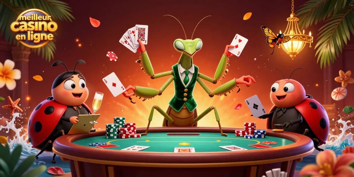 Illustration d'un meilleur casino en ligne avec des êtres animés et des jeux de cartes interactifs.