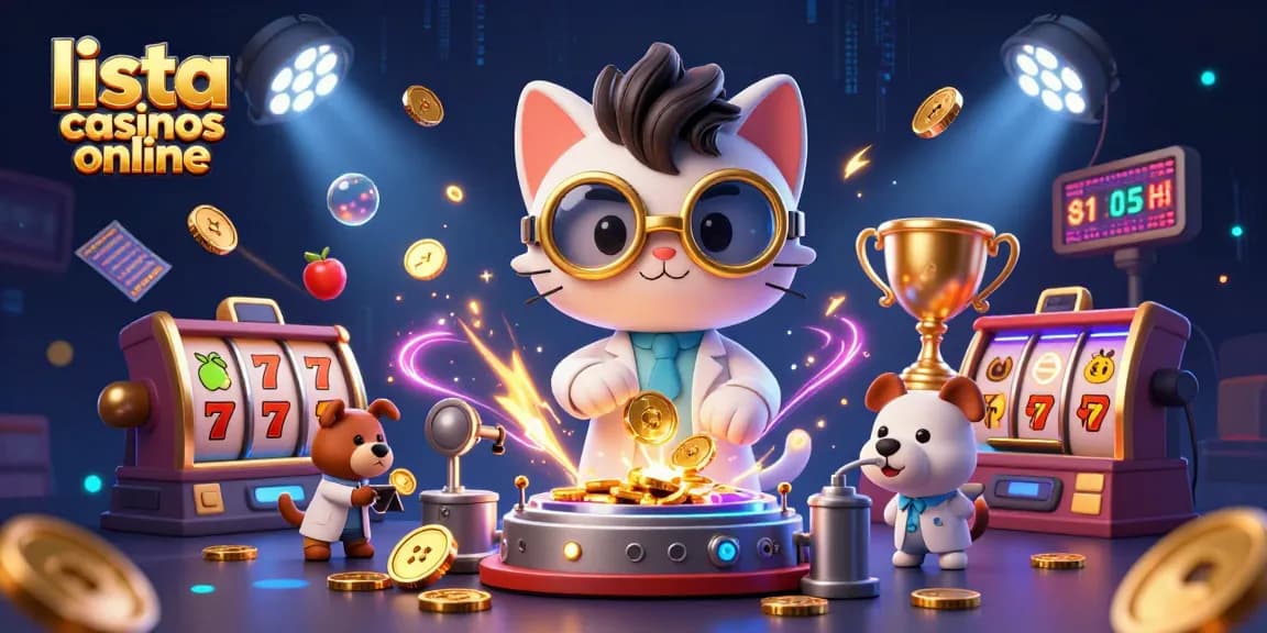 Lista de casinos online: ilustración de un gato científico creando una máquina de monedas en un casino lleno de emoción.
