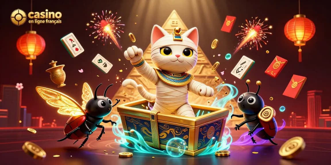Profitez de jeux de casino en ligne français avec un chat momie égyptien et des éléments de casino captivants.