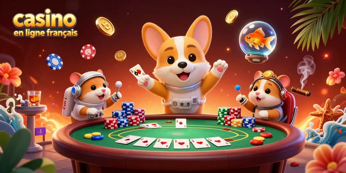 Jouez au casino en ligne français avec un corgi astronaute flottant et des jetons de poker dans une scène dynamique.