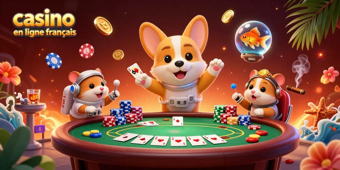 Jouez au casino en ligne français avec un corgi astronaute flottant et des jetons de poker dans une scène dynamique.