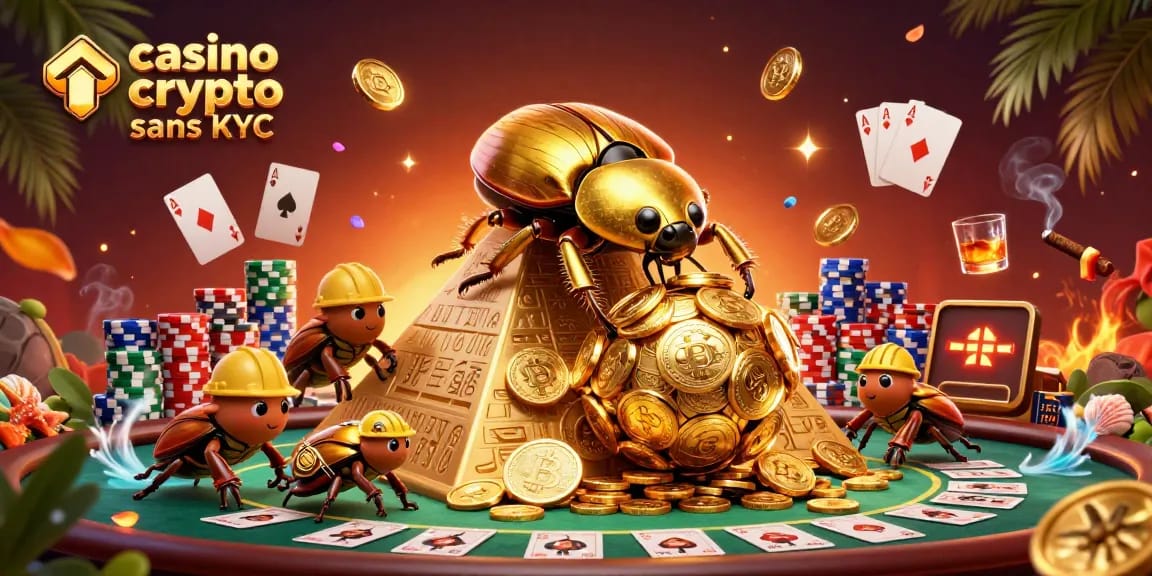 Jouer au casino crypto sans KYC avec des coccinelles dorées gagnantes et des pièces de monnaie.