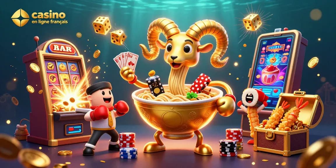 Dans cette scène dynamique, un bol de ramen géant représente "casino en ligne francais" en jouant des cartes et empilant des jetons.