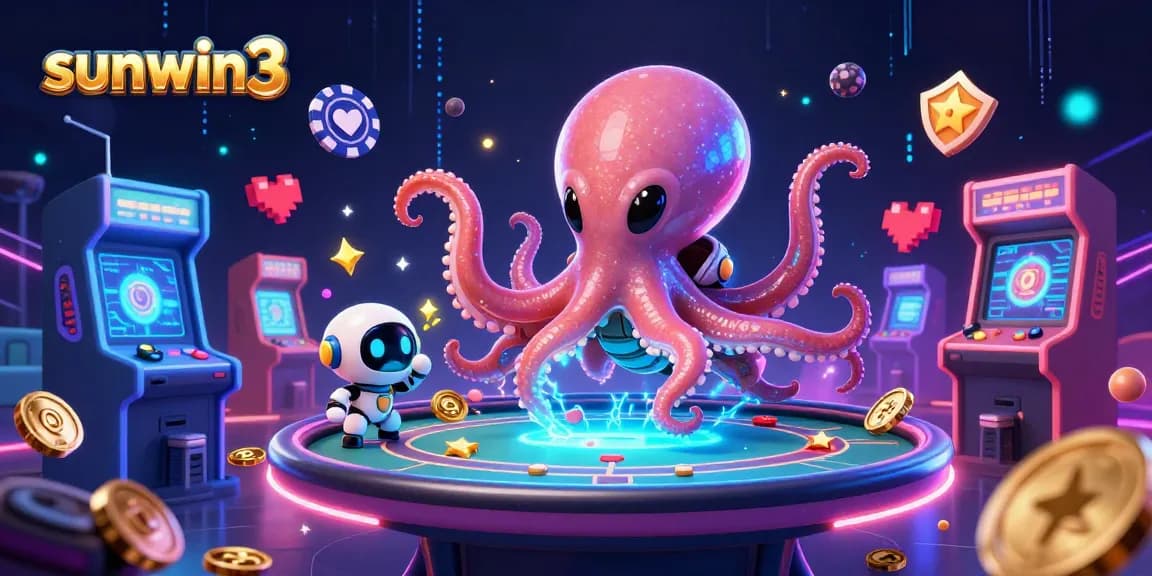 Experience thrilling gameplay at sunwin3 with a vibrant, dynamic casino scene showcasing an alien octopus at a holographic poker table.