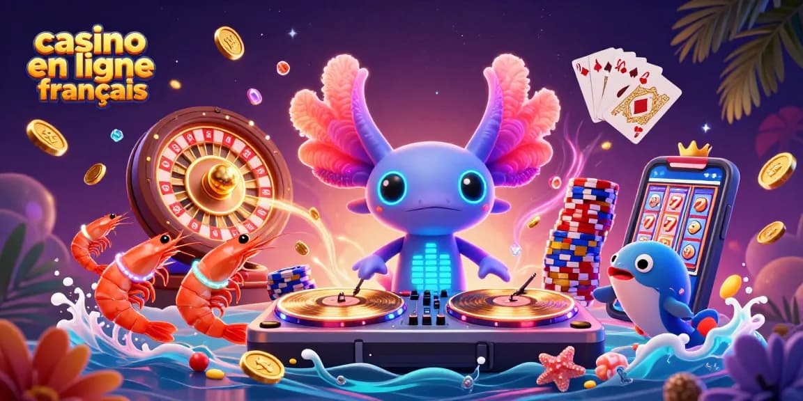 Animation colorée de casino en ligne français avec axolotl DJ et monnaie dorée