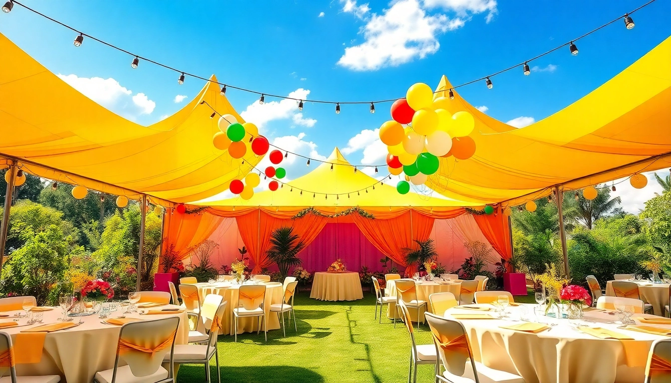 Arrange beautiful outdoor party rentals near me including tents, tables, and vibrant decorations.