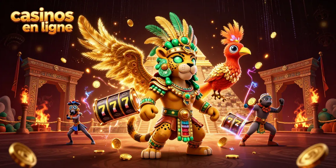 Illustrez l'excitation des casinos en ligne avec un prêtre jaguar Maya et un oiseau quetzal.