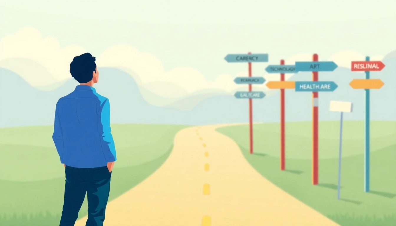 Find my true calling illustrated with a person at a career crossroads, pondering options.