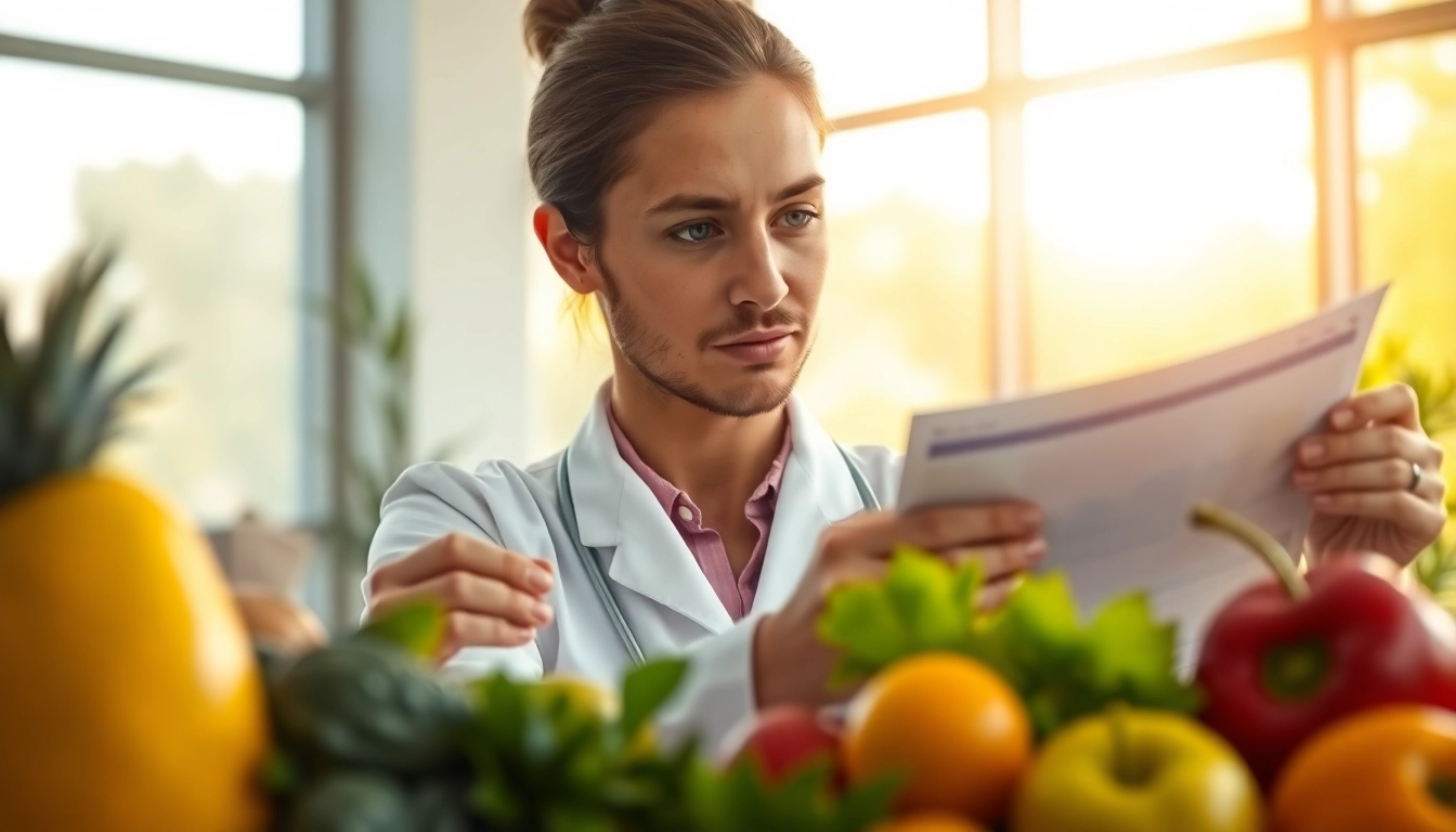 Nutritionist assessing health trends with detailed charts and fresh fruits in a clinic.