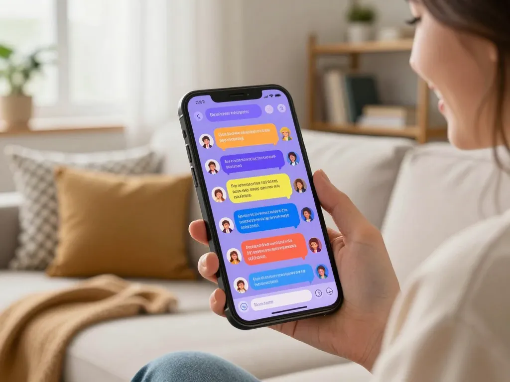 Engaging scene of ai chat porn interaction on a smartphone, showcasing colorful chat interface and a cozy atmosphere.