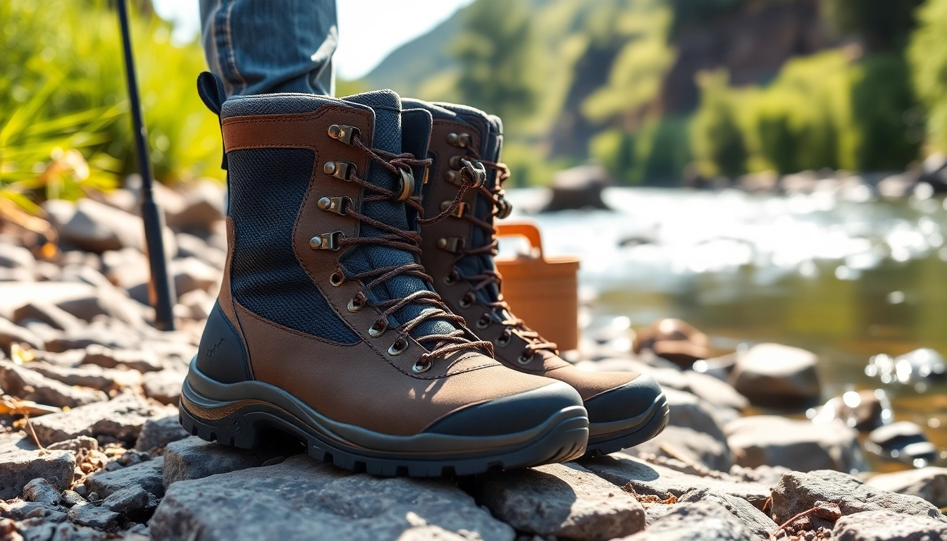 Explore durable fly fishing boots designed for river adventures, showcasing waterproof features and rugged style.