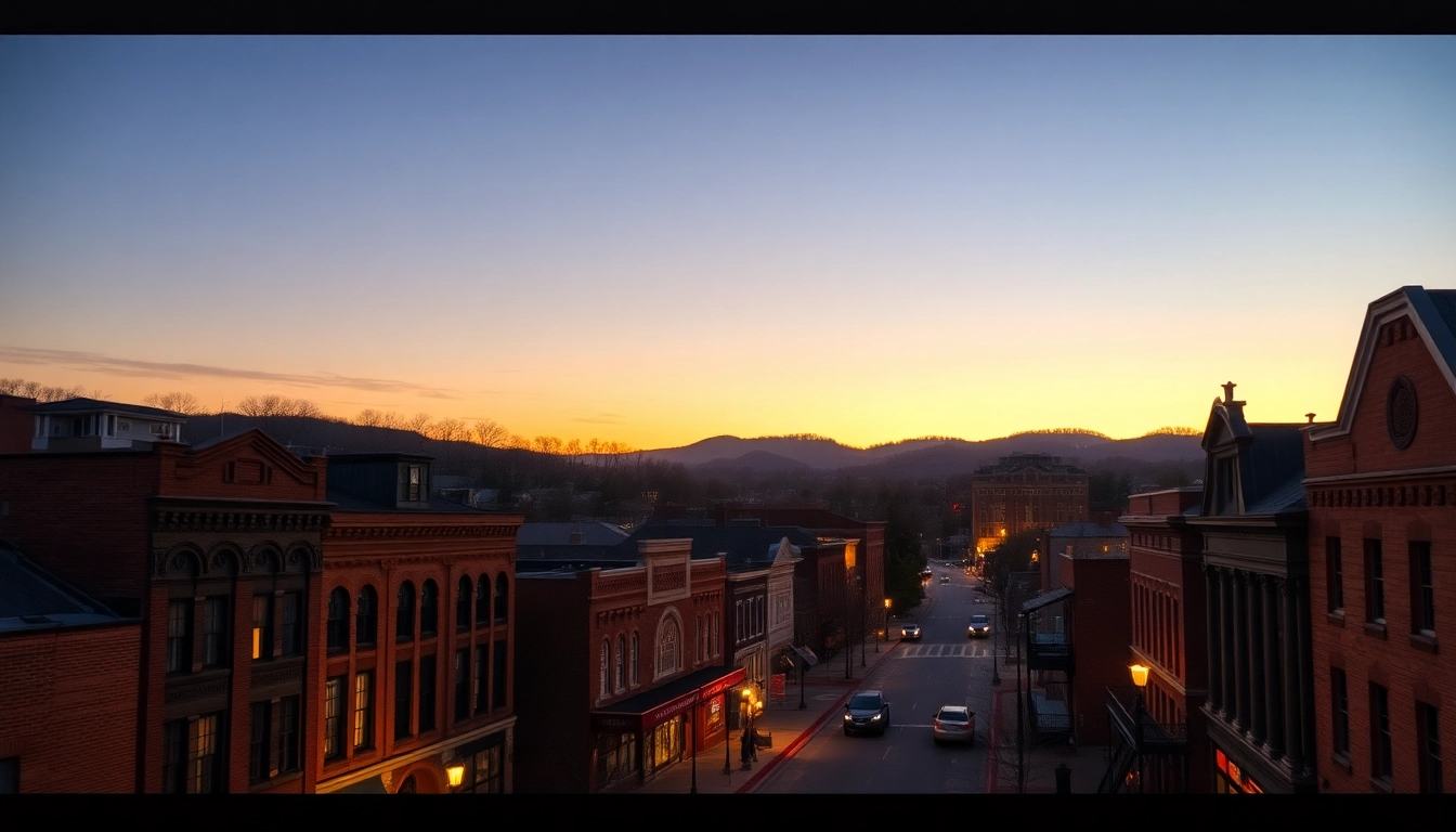 Experience the charm of Clarksburg with its historic downtown and vibrant sunset.