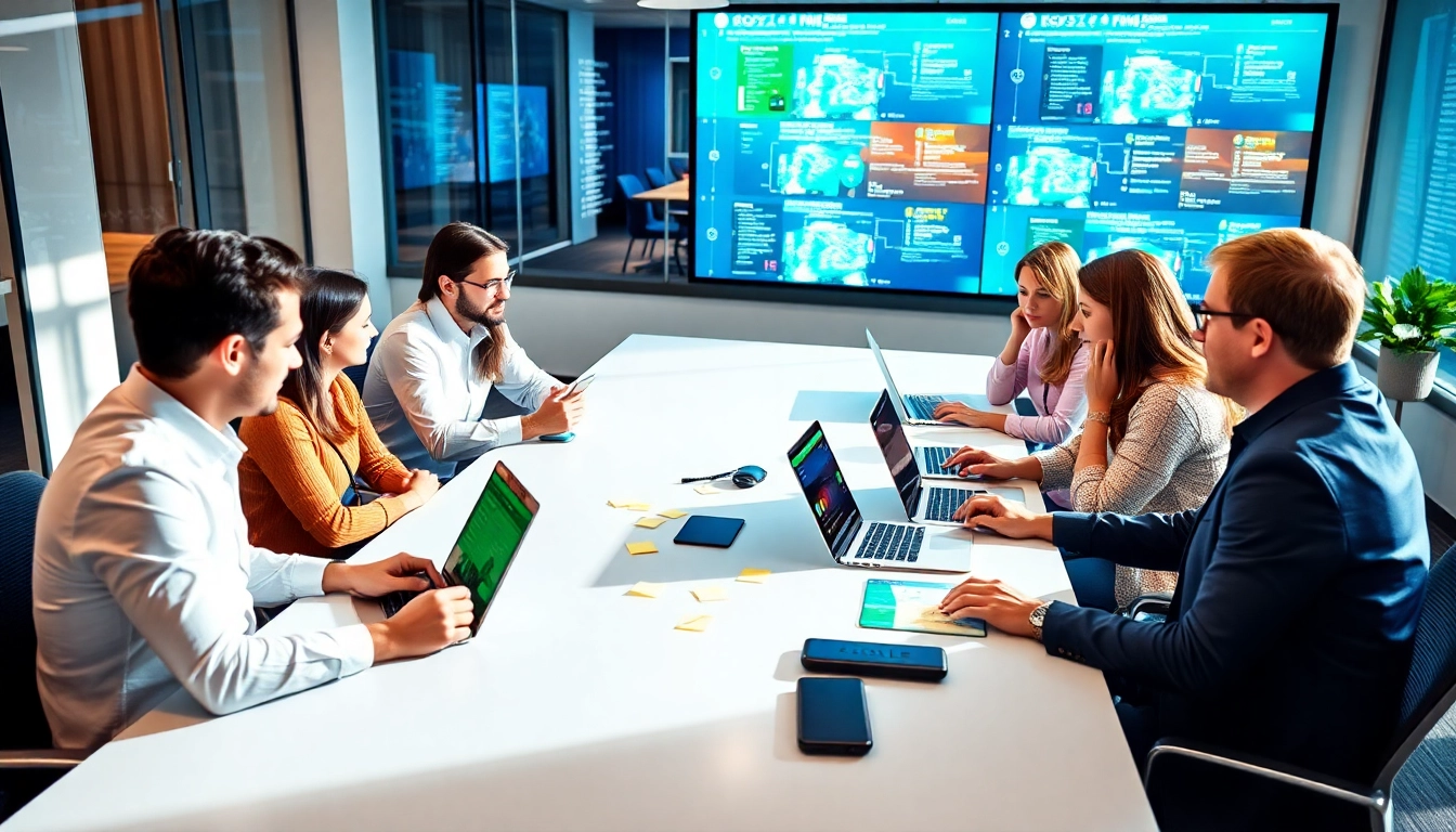 Engaged team discussing strategies at a digital marketing company meeting.