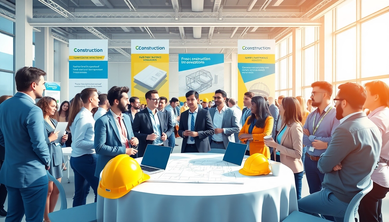 Engaging professionals at construction networking events discussing opportunities in a bright conference hall.