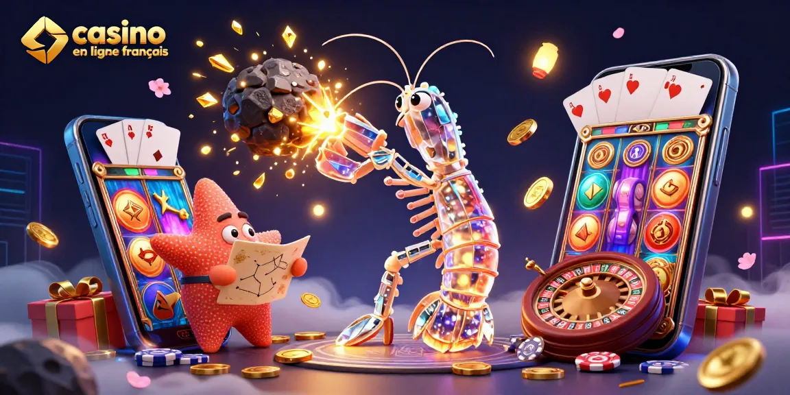Illustration dynamique d'un mantis crevette samouraï dans un casino en ligne français en pleine rage de gains avec des pièces d'or.