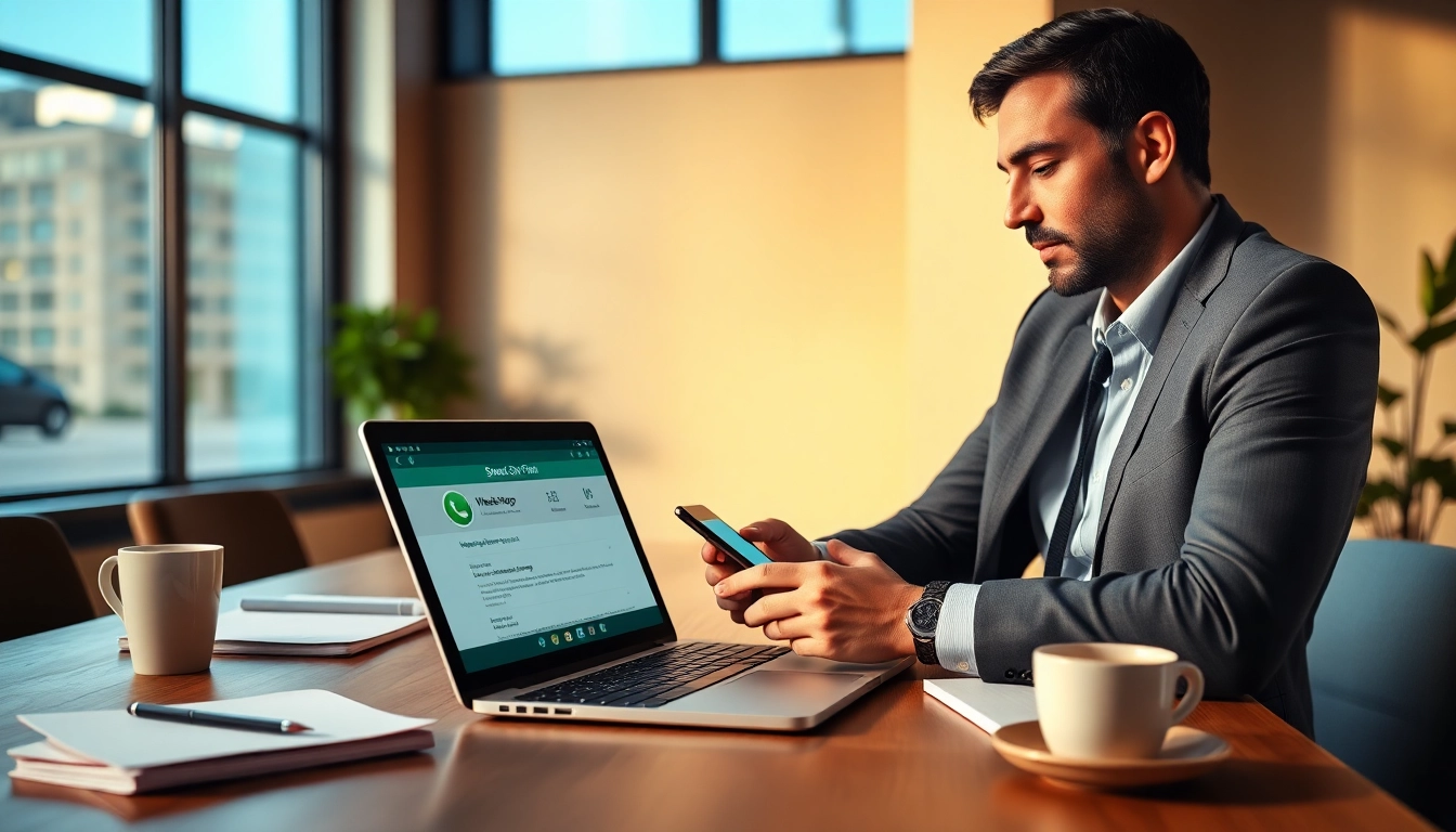 Engaging professional using WhatsApp Smart CRM in a modern office setting.