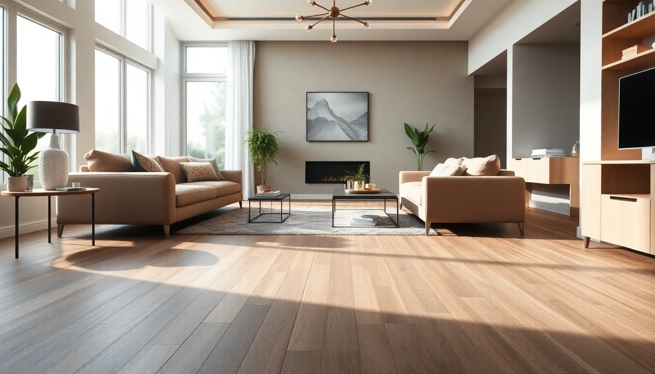 Showcasing vinyl plank flooring in a modern living room design with contemporary furniture.