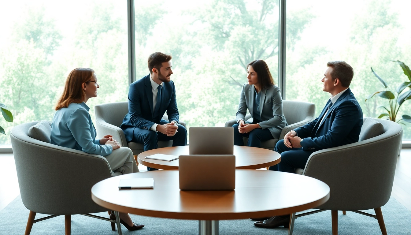 Mediation session with a mediator guiding two parties in discussion, promoting resolution and understanding.