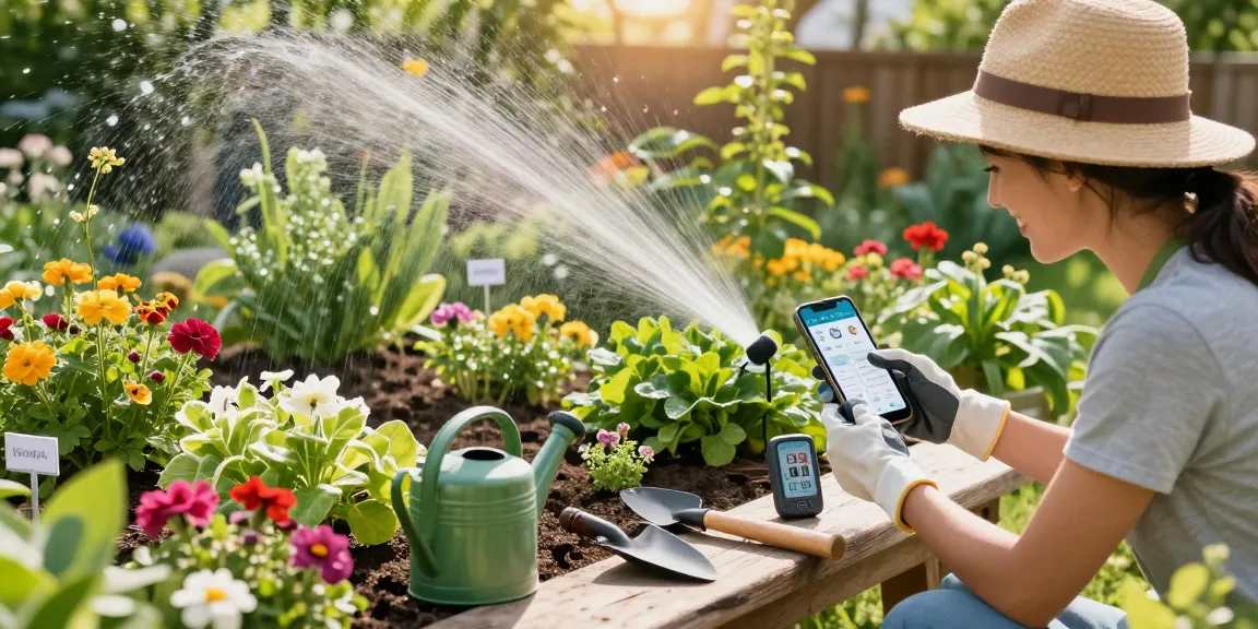 Gardener using a wifi sprinkler controller to automate irrigation in a colorful garden, showcasing technology and nature.