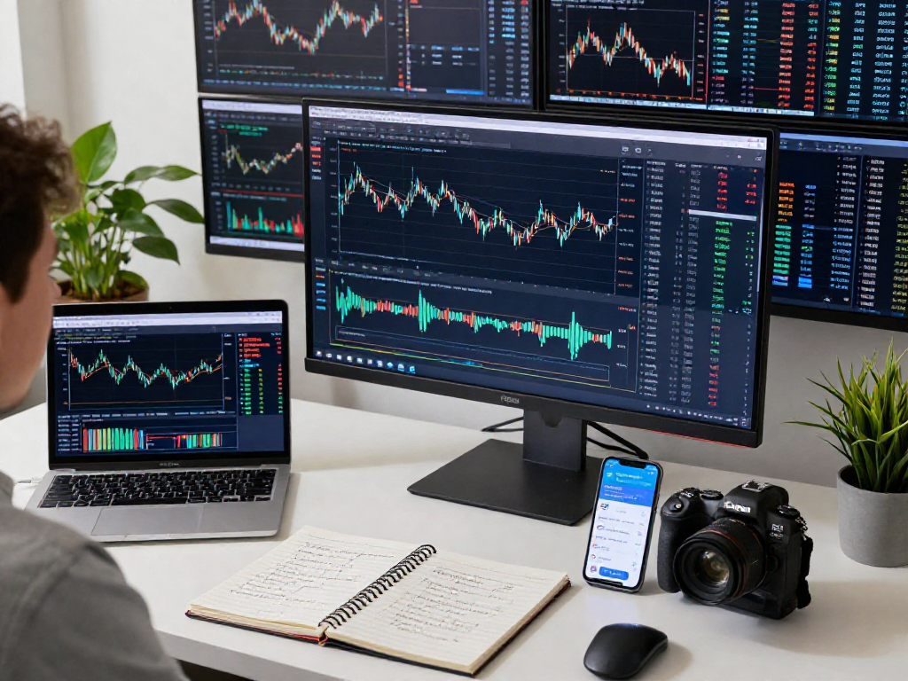 Trader using TradingView on multiple screens to analyze financial markets in a tech-savvy workspace.