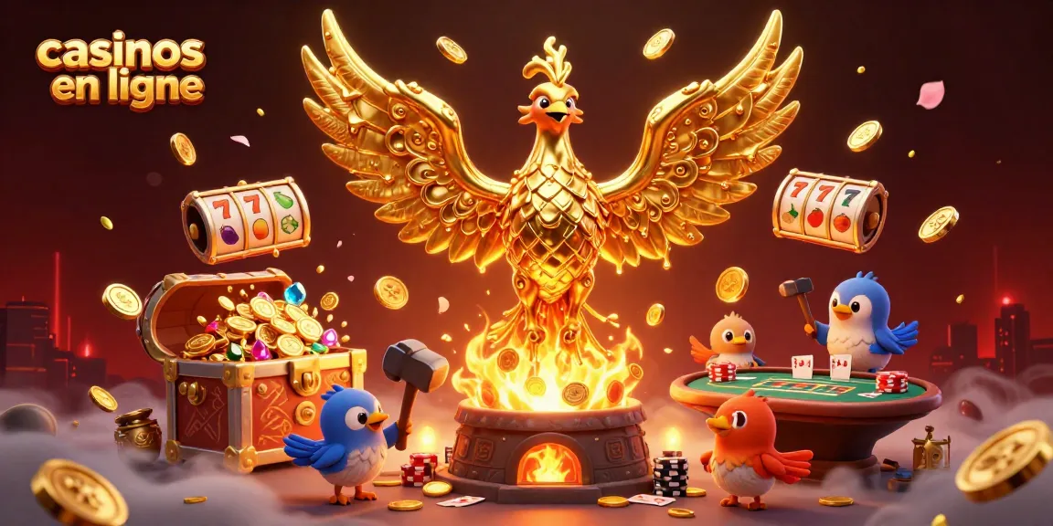 Illustration dynamique sur les casinos en ligne avec un phœnix doré et des éléments de jeu gagnants.