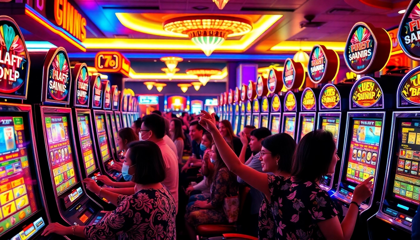 Permainan situs slot yang menarik dengan pemain tersebar di kasino penuh cahaya.