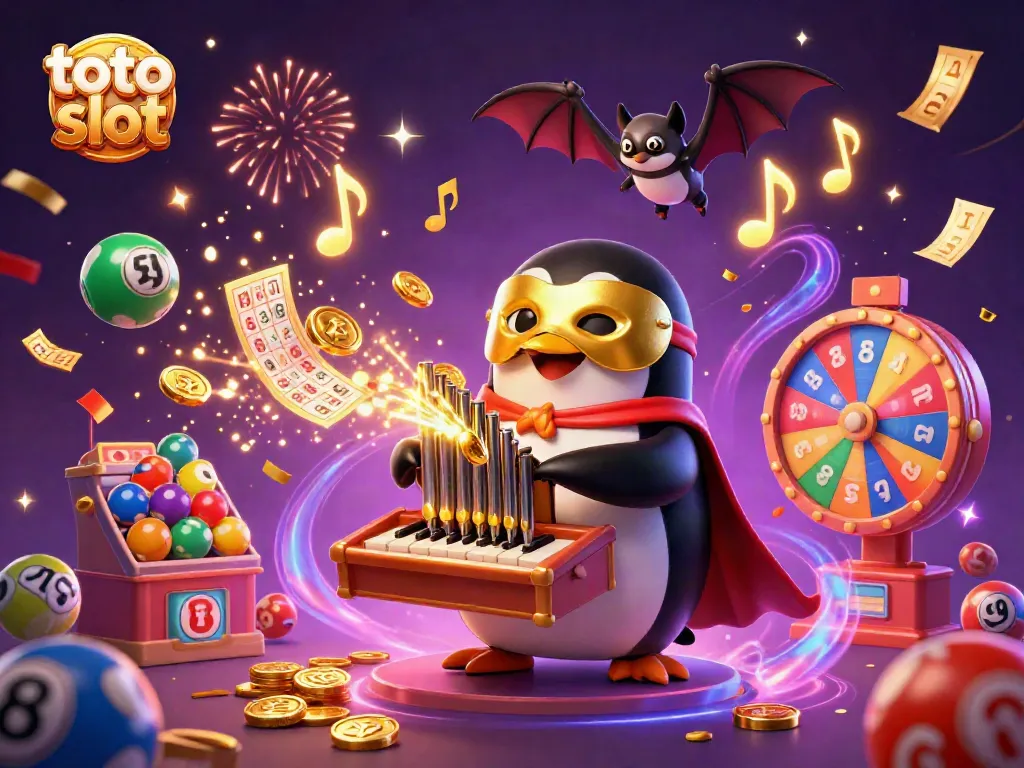 Experience vibrant toto slot action with a penguin organist and bouncing lottery elements in a dynamic casino scene
