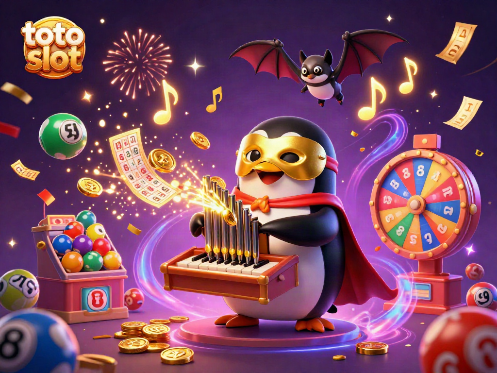 Experience vibrant toto slot action with a penguin organist and bouncing lottery elements in a dynamic casino scene