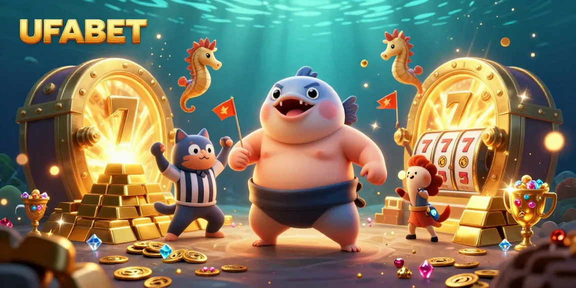 Experience the excitement of gambling with UFABET as the vibrant underwater scene showcases slot reels, gold treasures, and dynamic characters.