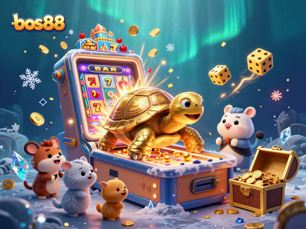 Bermain slot seru di bos88 dengan karakter kura-kura raksasa dan mesin slot meledak koin.