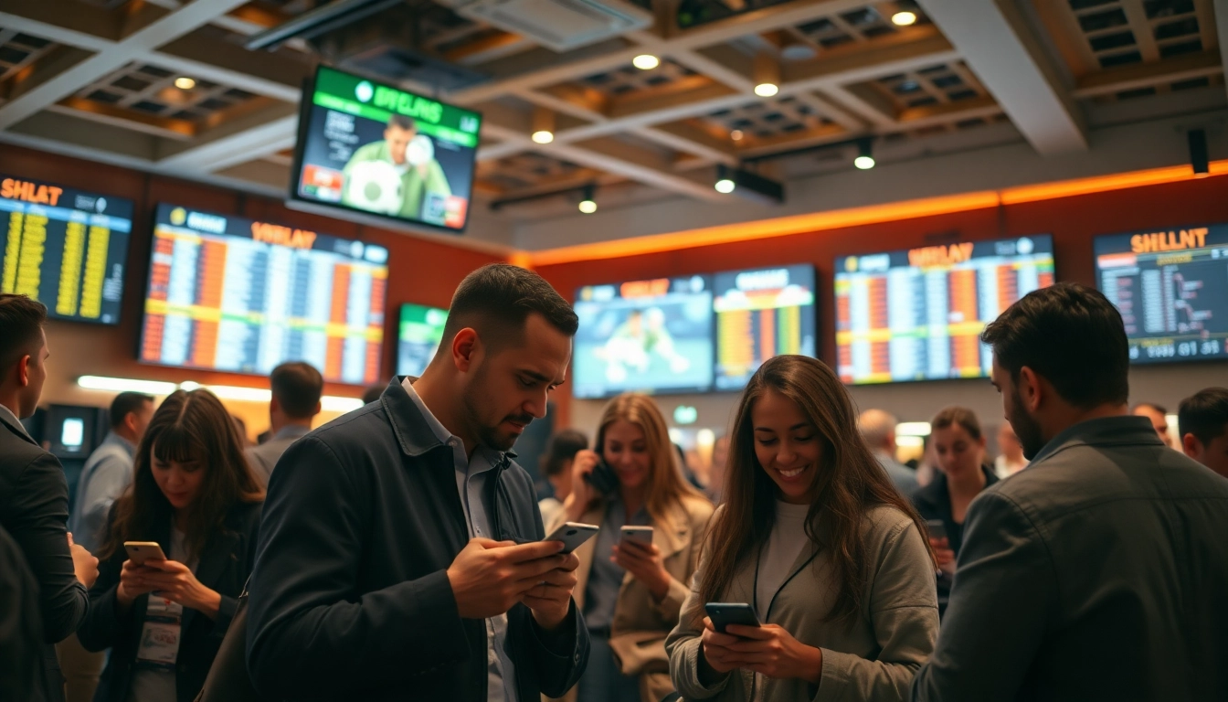 Excited gamblers engaging in sports betting at a modern sportsbook with live odds.