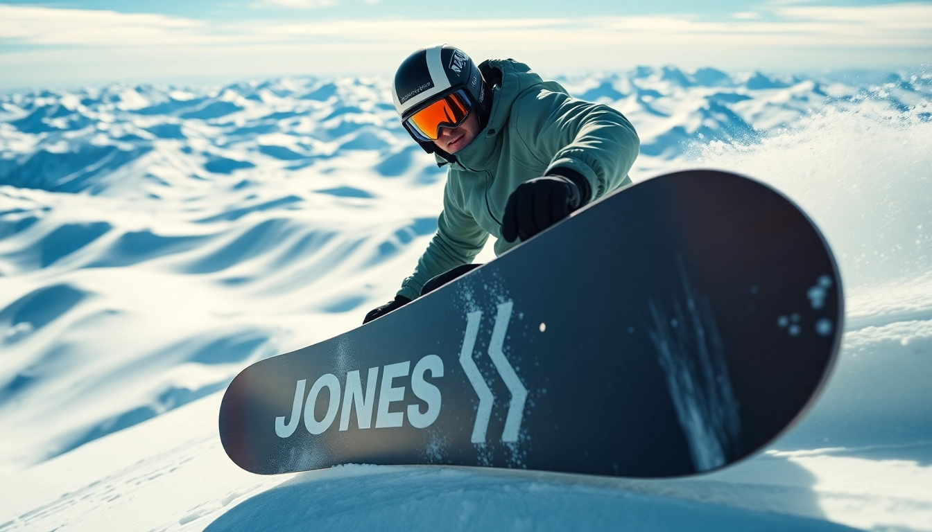 Snowboarder performing a thrilling turn on a Jones Snowboard in a snowy landscape.