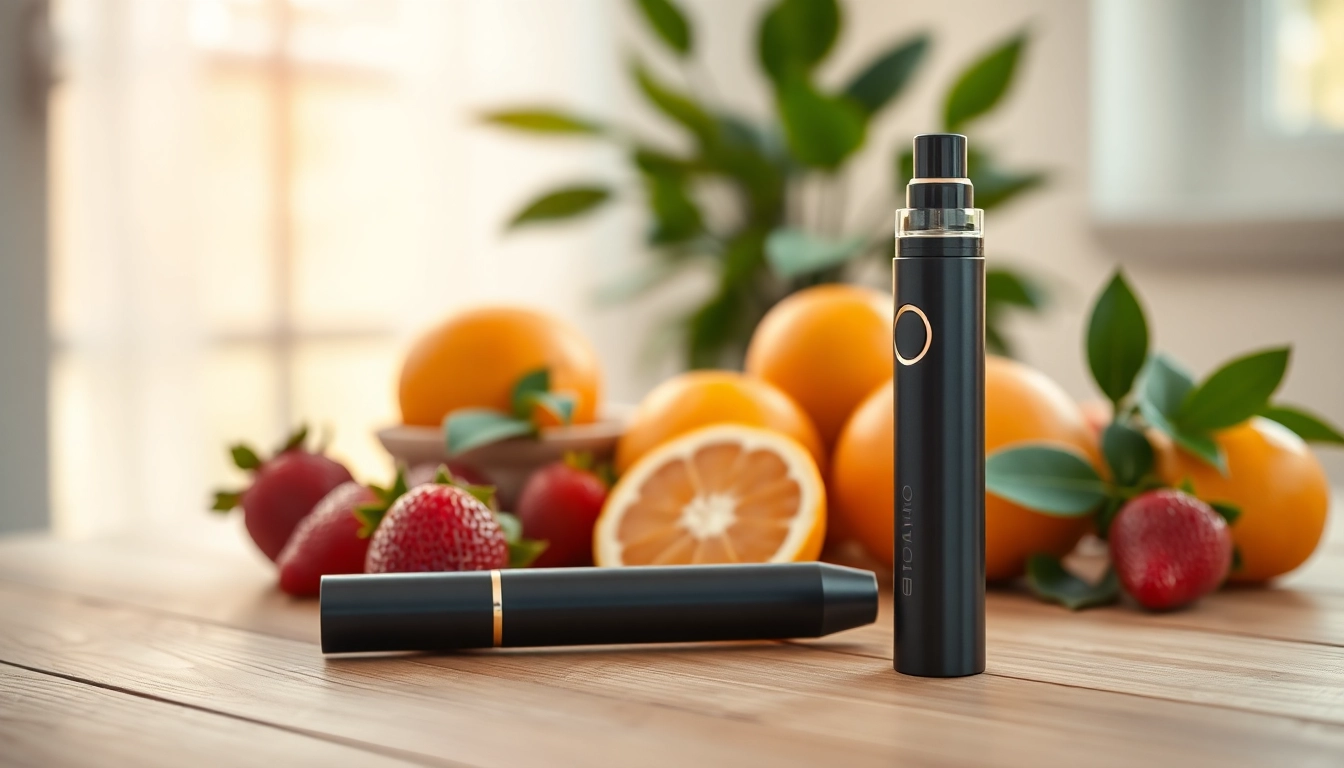 Vape ohne nikotin präsentiert auf einem Holztablett mit frischen Früchten, der moderne Look inspiriert Wohlfühlmomente.