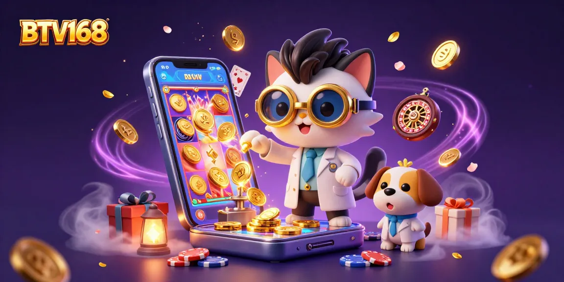 BTV168 showcases a mad scientist cat and dog creating a gold-coin machine amidst vibrant casino elements.
