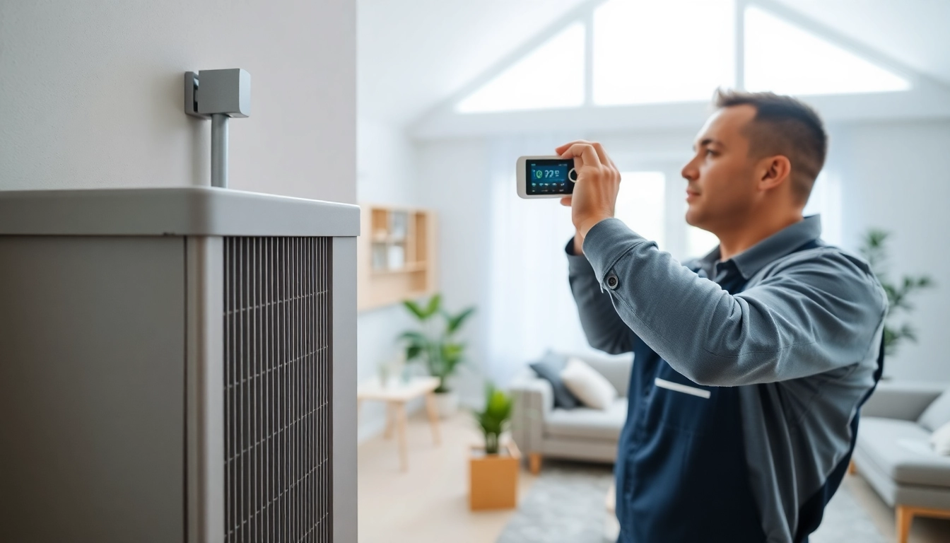 Showcase American Standard HVAC system installation, featuring a technician optimizing home comfort.