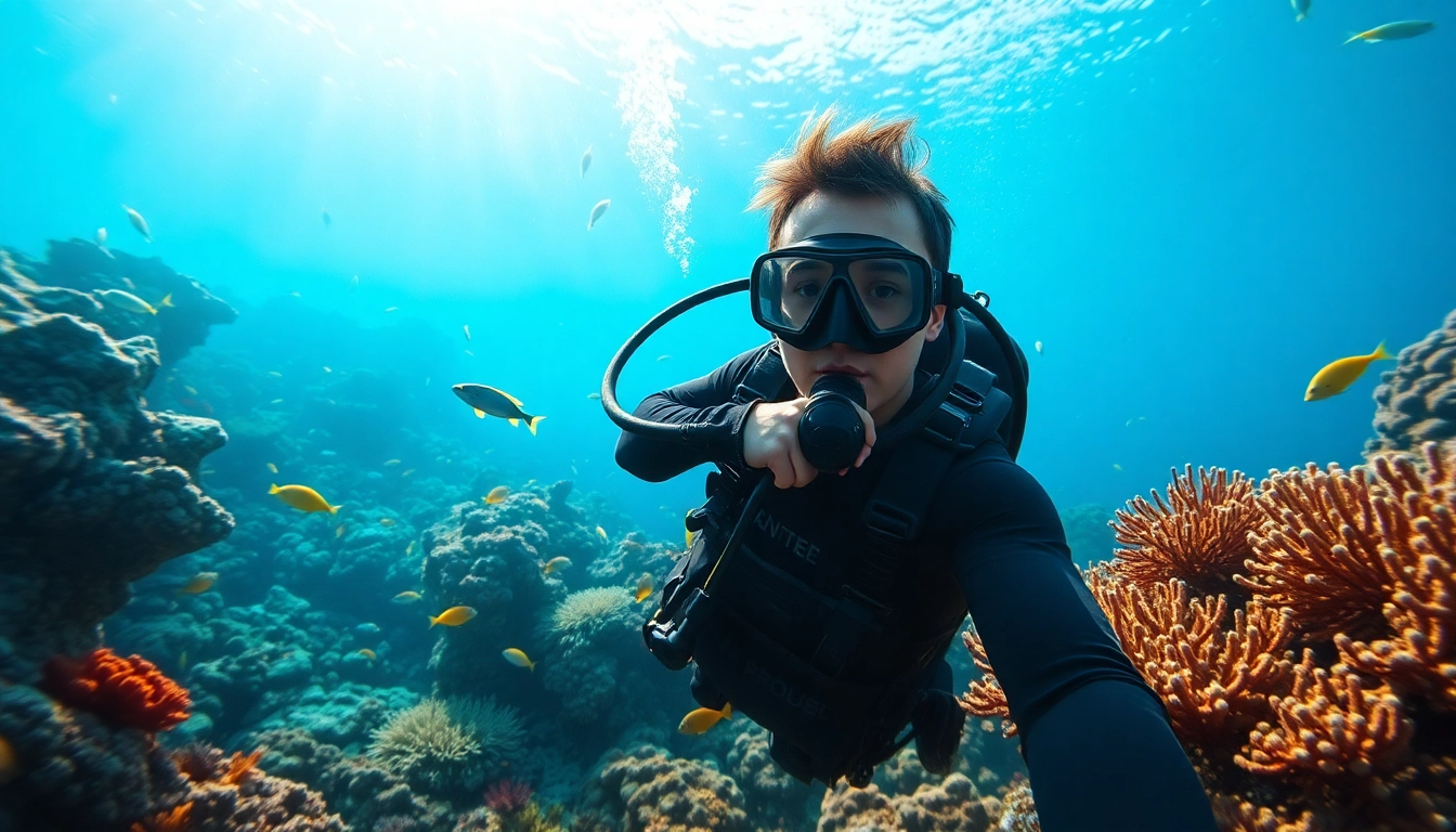 Tauchen in einem lebendigen Korallenriff mit bunten Fischen und Sonnenstrahlen.