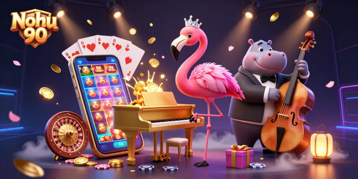 Nohu 90 showcases exciting casino action with colorful slot games and vibrant characters in an engaging scene.