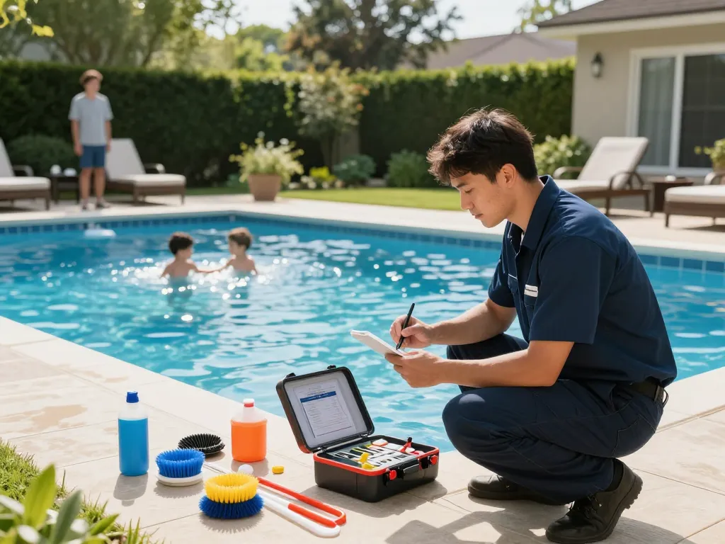 Dolphin Pool Services technician inspecting a sparkling residential pool with maintenance tools and happy family