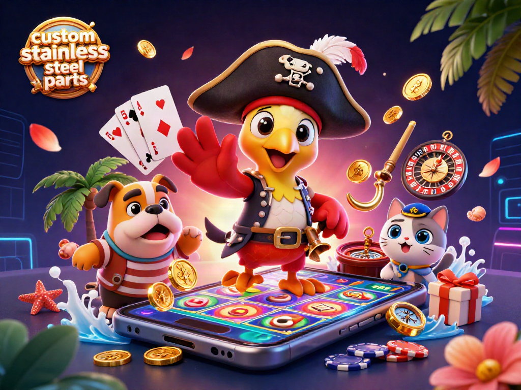 Engaging scene showcasing custom stainless steel parts in a vibrant casino theme with playful pirate characters.