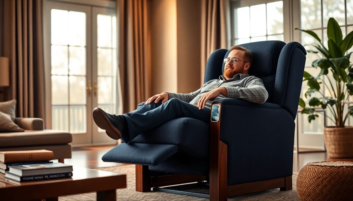 Relaxed tall man in a lift recliner chair designed for tall men, showcasing comfort and style.
