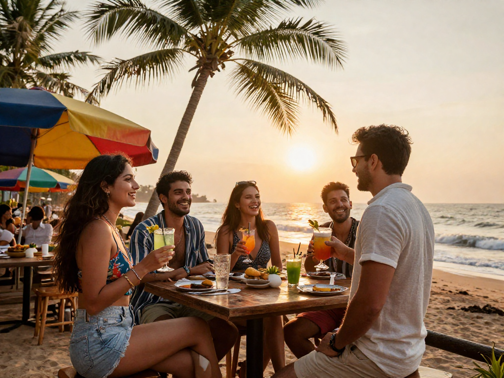 Goa call girls enjoying a vibrant beach party atmosphere at sunset with friends.