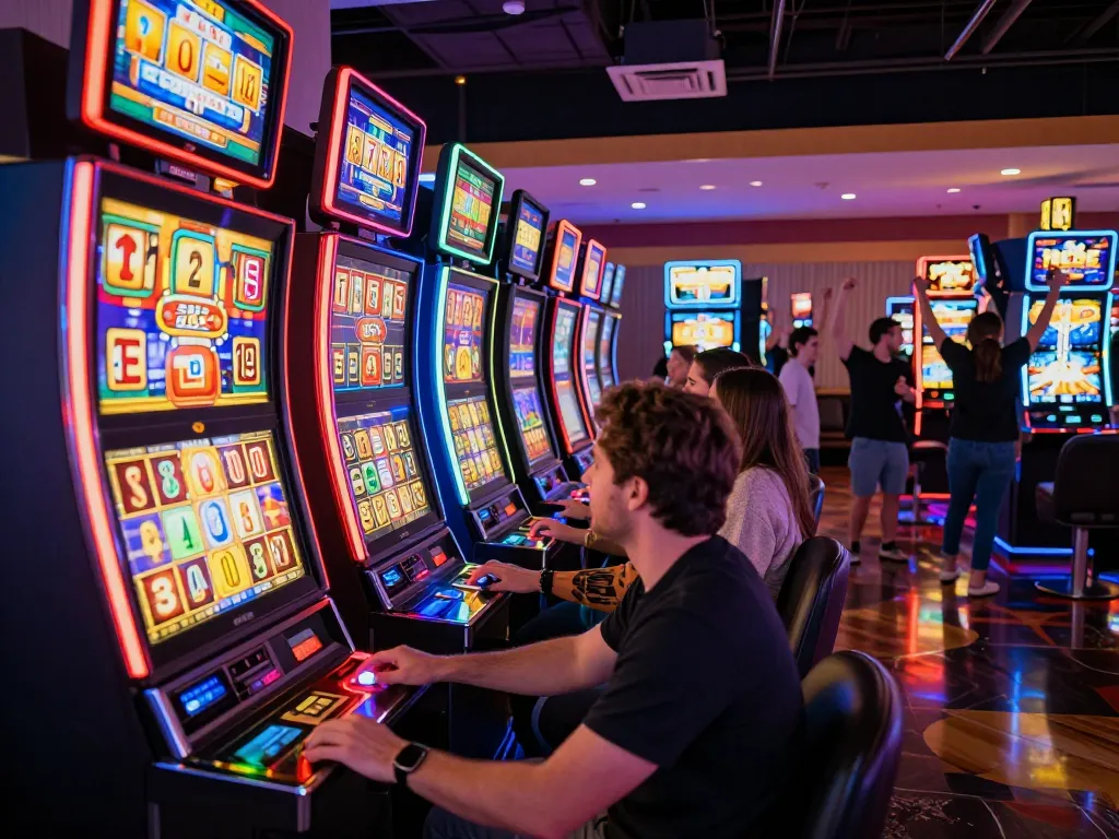 Engaging slot machine players celebrating wins in a lively casino atmosphere.