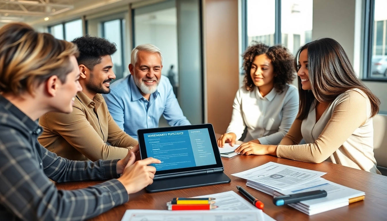Evaluate warranty protection plans with a focused team discussing options on a digital tablet.