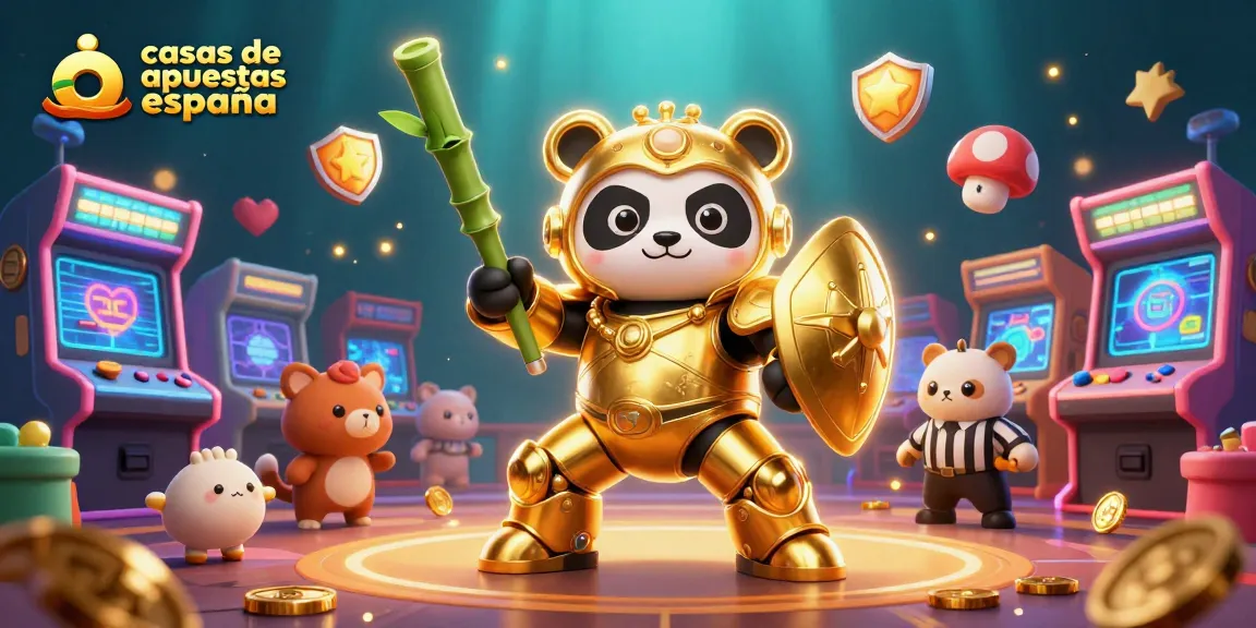 Vibrante escena de casas de apuestas España con un panda dorado pilotando un robot en un ambiente de casino animado.