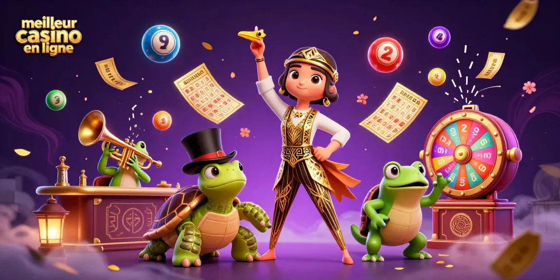 Illustration du meilleur casino en ligne avec des personnages festifs et des éléments de jeu