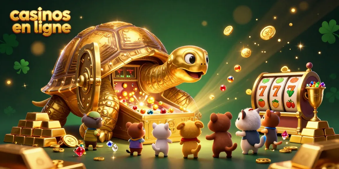 Jouez aux casinos en ligne avec un grand coffre de trésor et une tortue pinball animée.