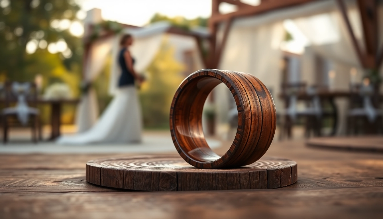 Whiskey Barrel Wedding Bands showcasing unique wood grain and craftsmanship in a rustic setting
